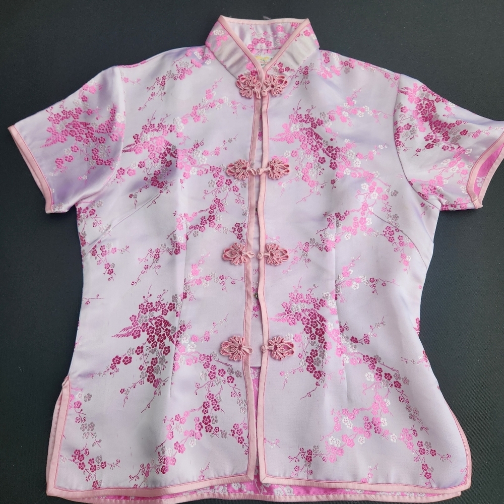 VTG Golden Dragon Pink Silk Blossom Cheongsam Qipao Top - Large
